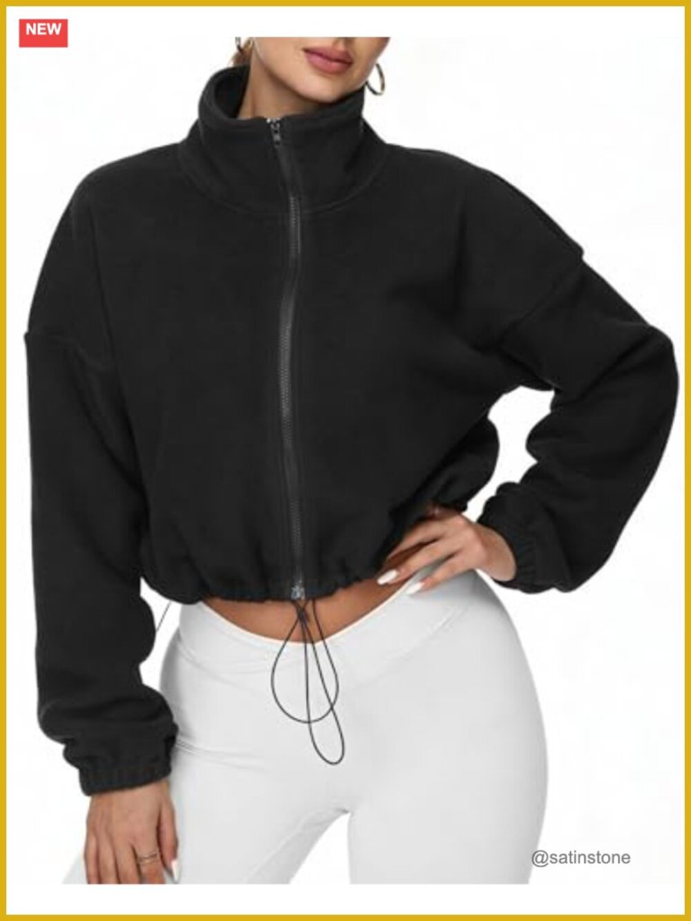 Women Cropped Fleece Jacket Full Zip Sherpa Fuzzy Coat Stand Collar